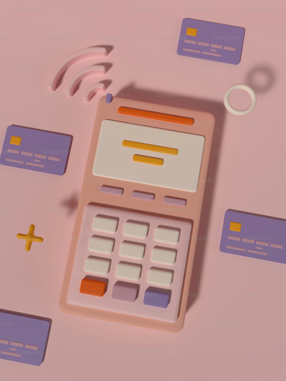 Una calculadora sentada encima de una mesa rosa
