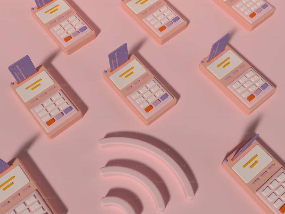 a pink background with a bunch of different types of telephones