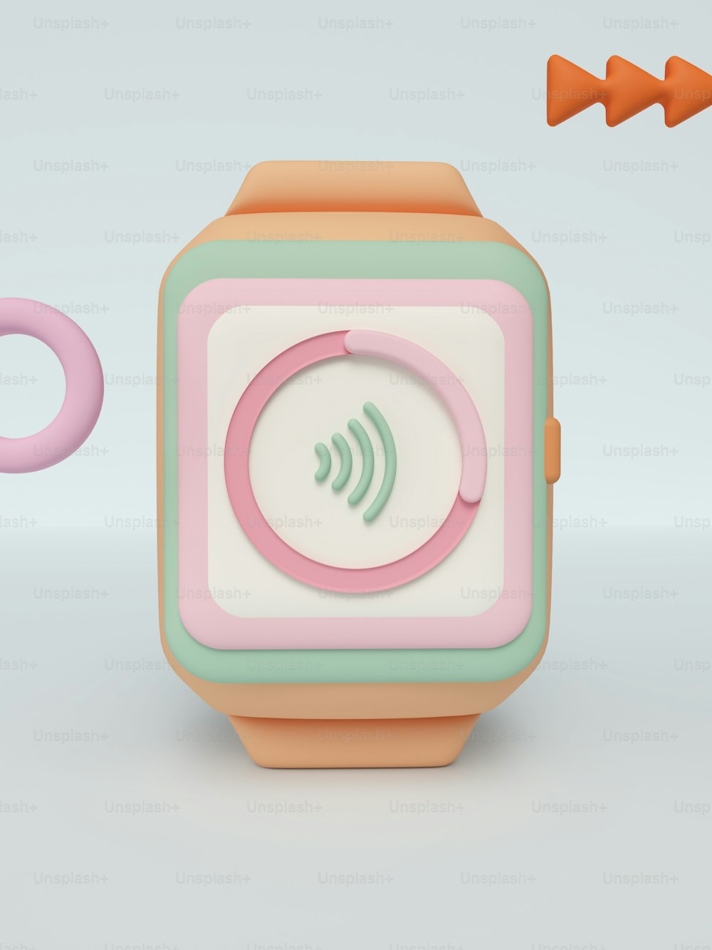 Eine Smartwatch mit einem rosa und grünen Band