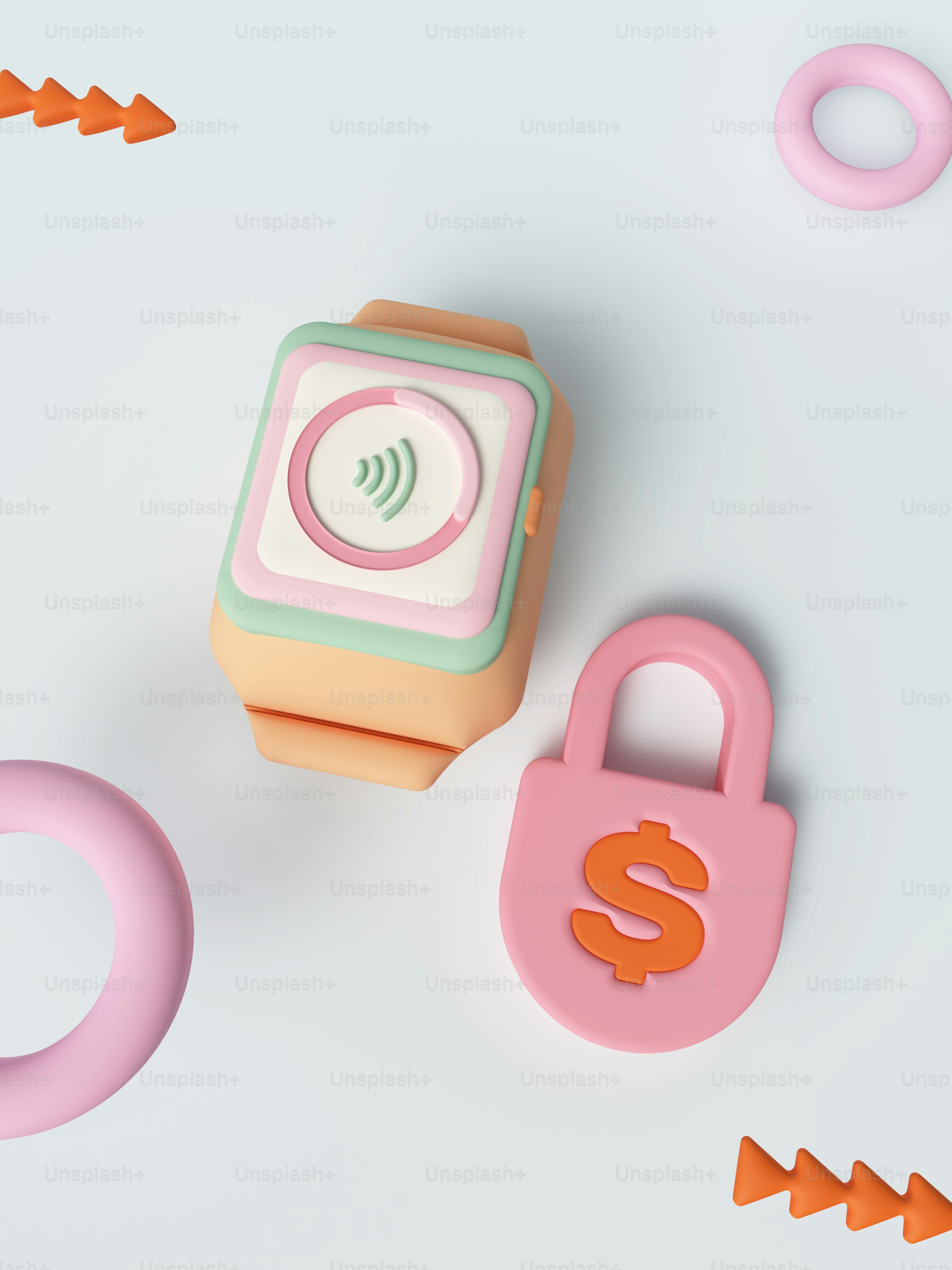 Eine rosa-grüne Uhr, die neben einem rosa Ring sitzt