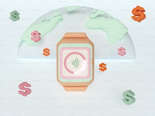 Un reloj inteligente rodeado de signos de dólar