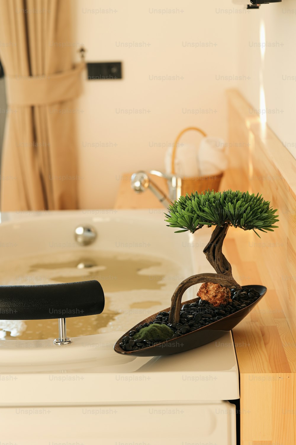 Un árbol bonsái en el lavabo de un baño