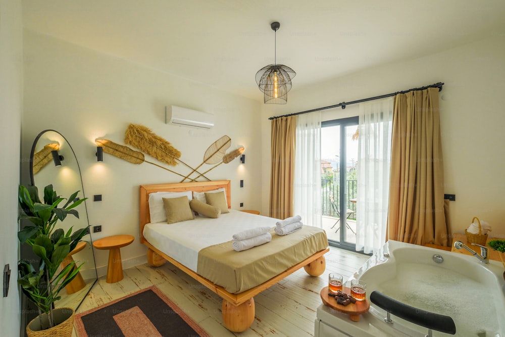 a bedroom with a jacuzzi tub and a bed