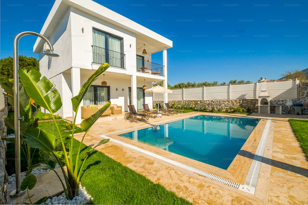 a house with a swimming pool in front of it