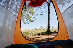une tente avec vue sur une forêt à travers la fenêtre