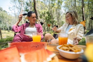 Un par de mujeres sentadas en una mesa de picnic
