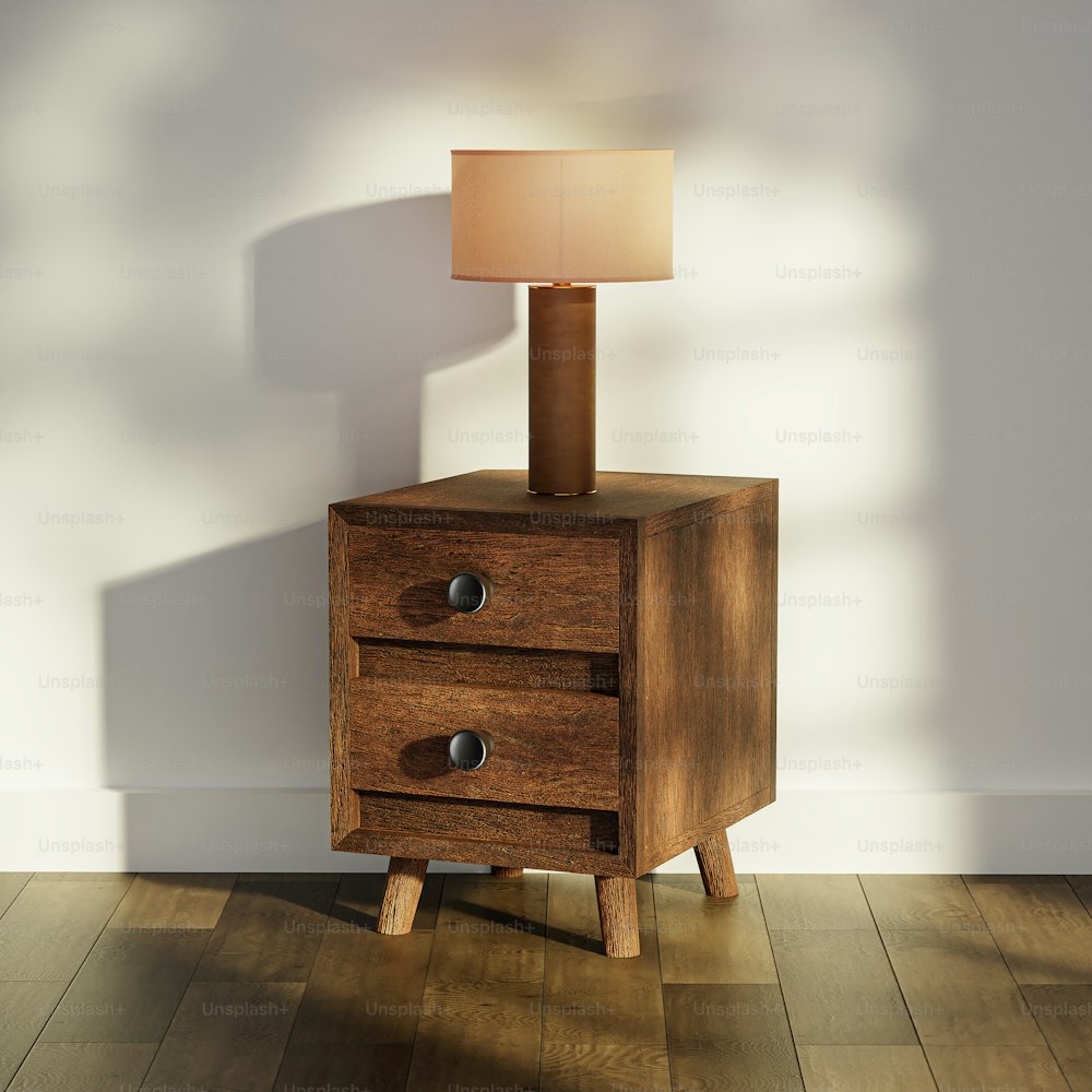 a wooden table with a lamp on top of it