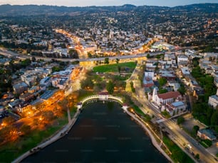 an aerial view of a city at night