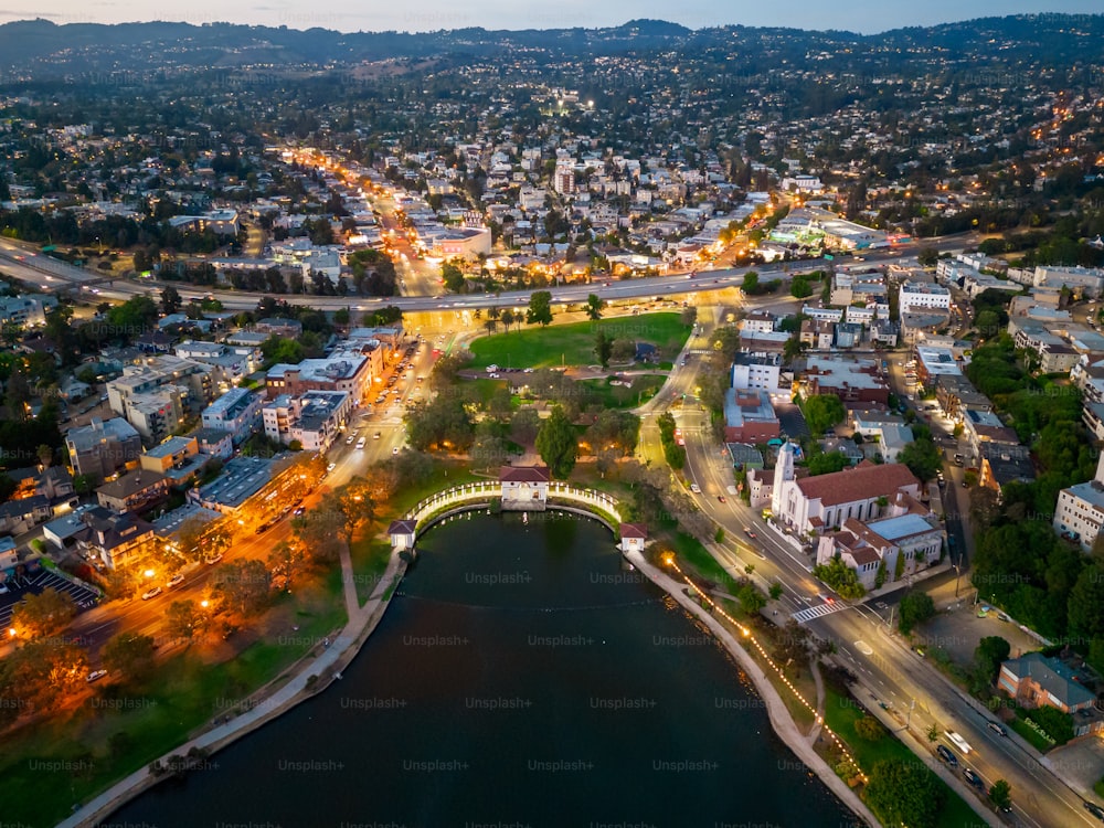 an aerial view of a city at night