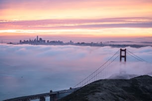 the golden gate bridge is surrounded by fog