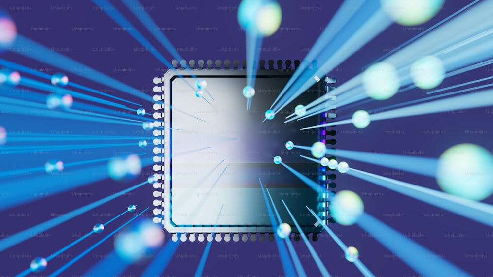 a computer processor chip with a blue background