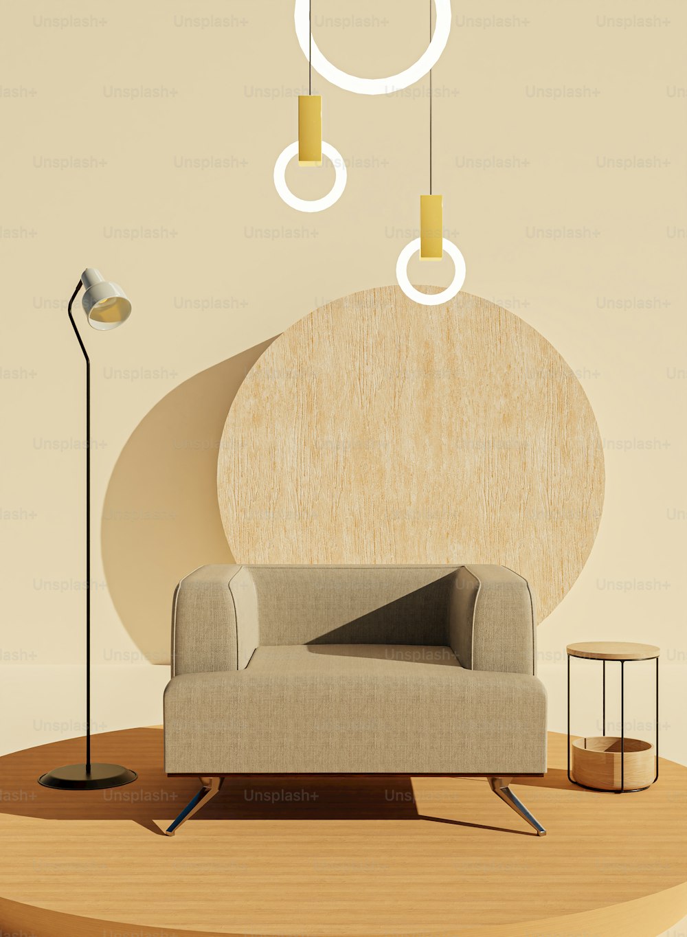 uma sala de estar com um sofá e uma lâmpada