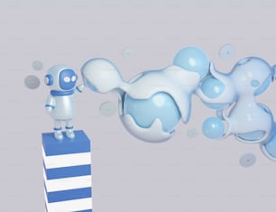 um pequeno robô em pé em cima de um bloco azul e branco