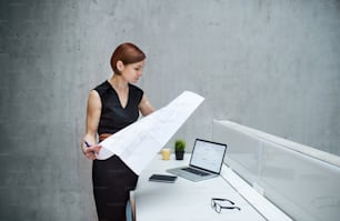 A young businesswoman or architect with blueprints and laptop standing at the desk in office.