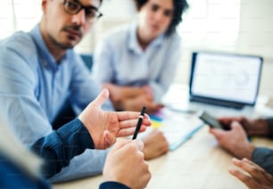 Group of young male and female businesspeople with laptop working together in a modern office.