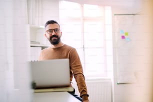 Mature hipster businessman with laptop working in a modern office. Copy space.