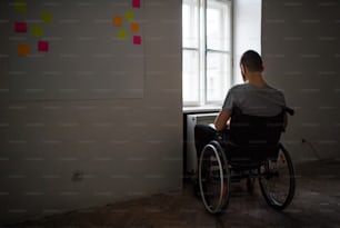 Hnadsome man in wheelchair looking out of the window. Rear view.