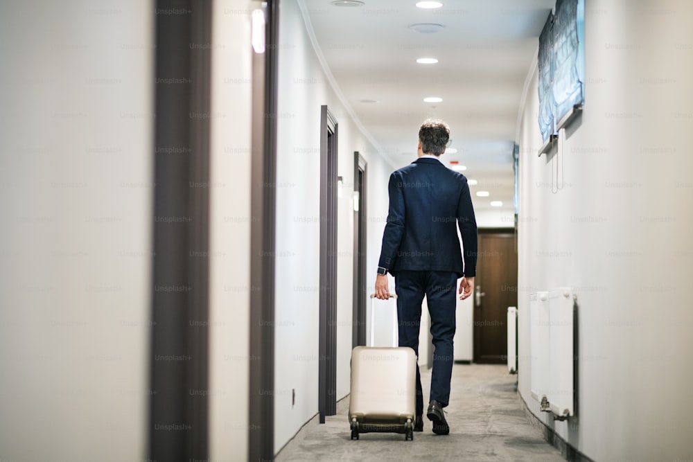 Empresário maduro andando com bagagem em um corredor de hotel. Homem puxando uma mala. Vista traseira.
