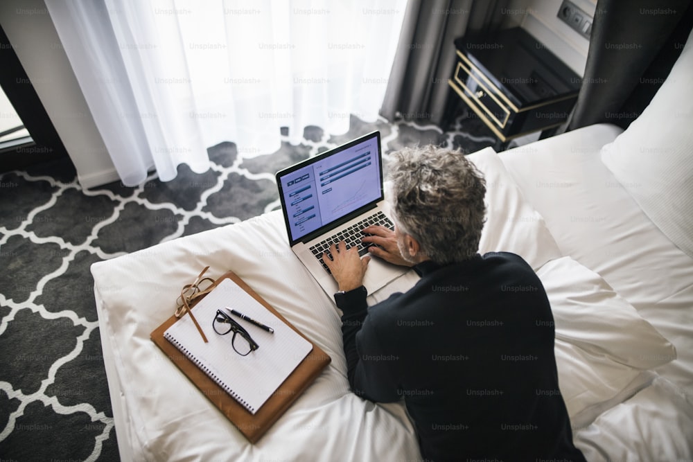 Mature businessman with laptop in a hotel room. Handsome man working on computer. Rear view.