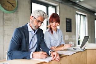 Two business people in workplace. Woman and man consulting a project together.