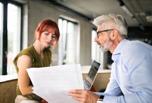 Two business people in workplace. Woman and man in creative office consulting a project together.