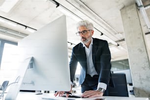 Mature businessman in gray suit standing at desk in the office.