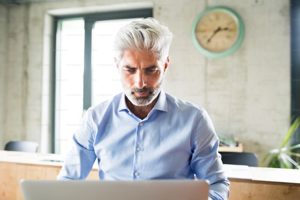 Mature businessman with laptop at the desk in creative office, working.