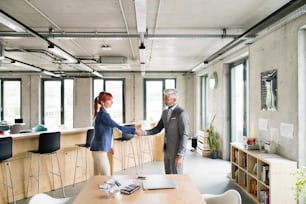 Dos empresarios en el lugar de trabajo. Mujer y hombre dándose la mano, reunión de negocios.