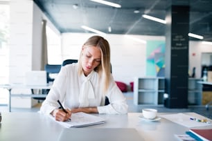 Bela jovem empresária em seu escritório, sentada à mesa, escrevendo anotações ou metas em seu caderno.