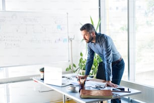 Handsome young businessman working in his office, standing at the desk, laptop in front of him.