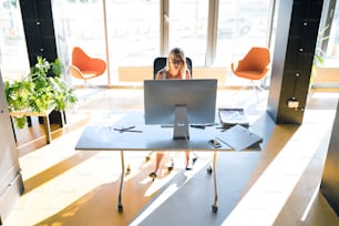 Schöne junge Geschäftsfrau mit Computer in ihrem Büro, am Schreibtisch sitzend, arbeitend.