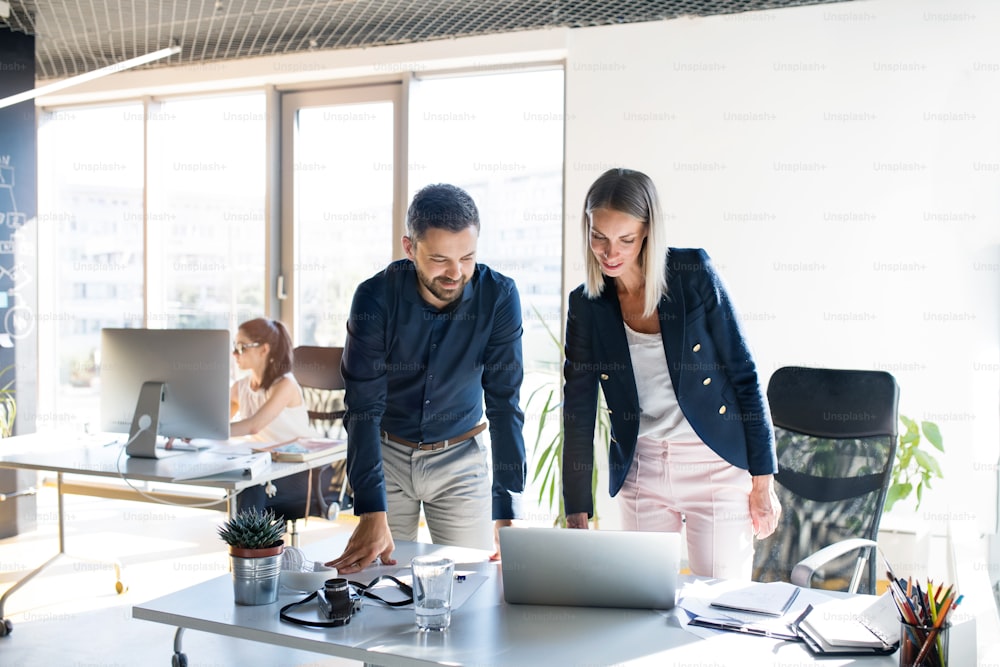 Three attractive young business people in the office working together, consulting a project.