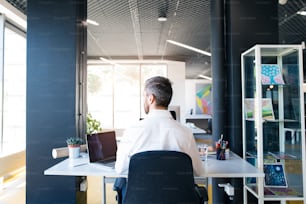 Apuesto joven hombre de negocios en su oficina, sentado en el escritorio, computadora portátil frente a él. Vista trasera.