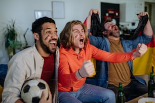 행복한 독일 축구 팬들, 집에서 축구를 보고 성공을 축하하는 친구들