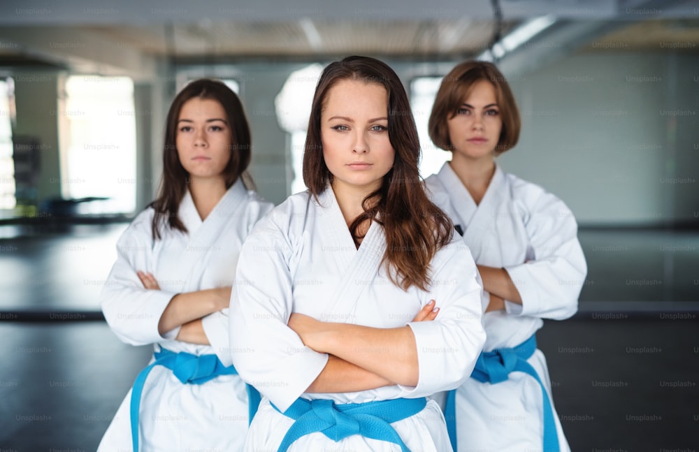Group of young karate women standing indoors in gym, looking at camera.