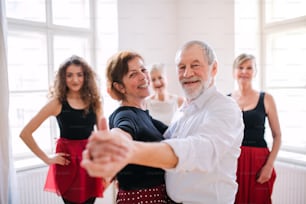 A group of senior people attending dancing class with dance teacher.