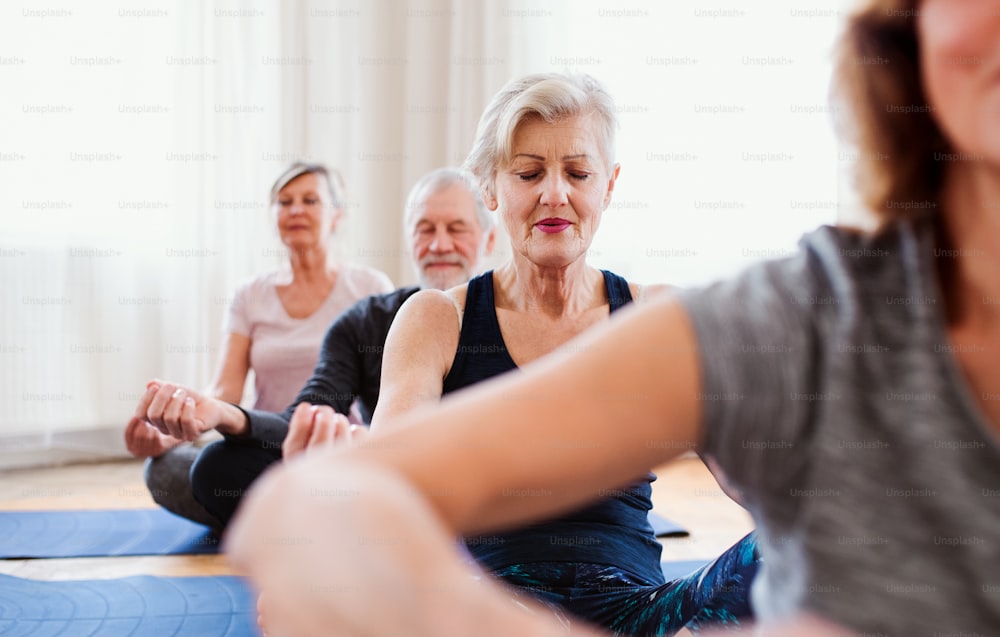 Group of active senior people doing yoga exercise in community center club.