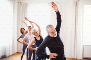 Group of active senior people doing exercise in community center club.