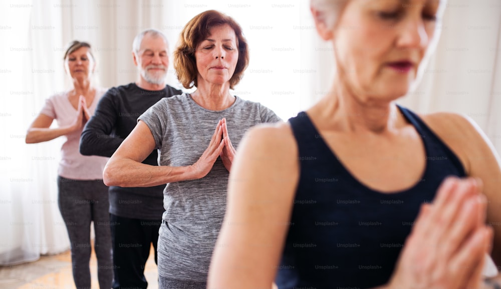 Group of active senior people doing yoga exercise in community center club.