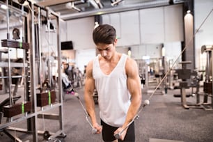 Jovem fisiculturista musculoso hispânico se exercitando na academia em uma máquina de cabo, fazendo exercício de mosca de cabo para melhor definição dos músculos do braço.