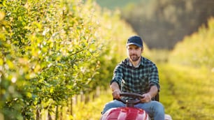 A front view of mature farmer driving mini tractor outdoors in orchard.