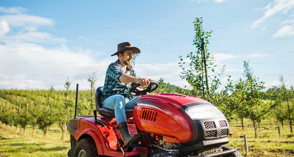 A front view of mature farmer driving mini tractor outdoors in orchard.