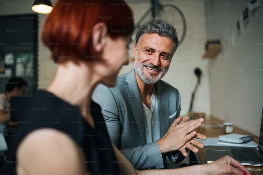 A man and woman having business meeting in a cafe, using laptop.