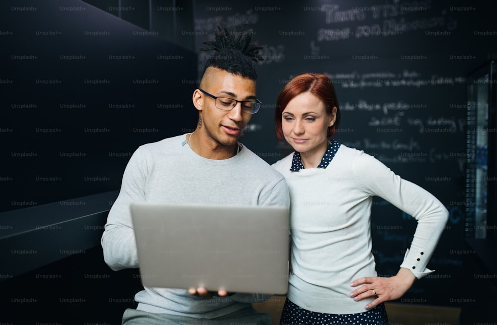 Two young cheerful businesspeople using laptop in office, start-up concept.