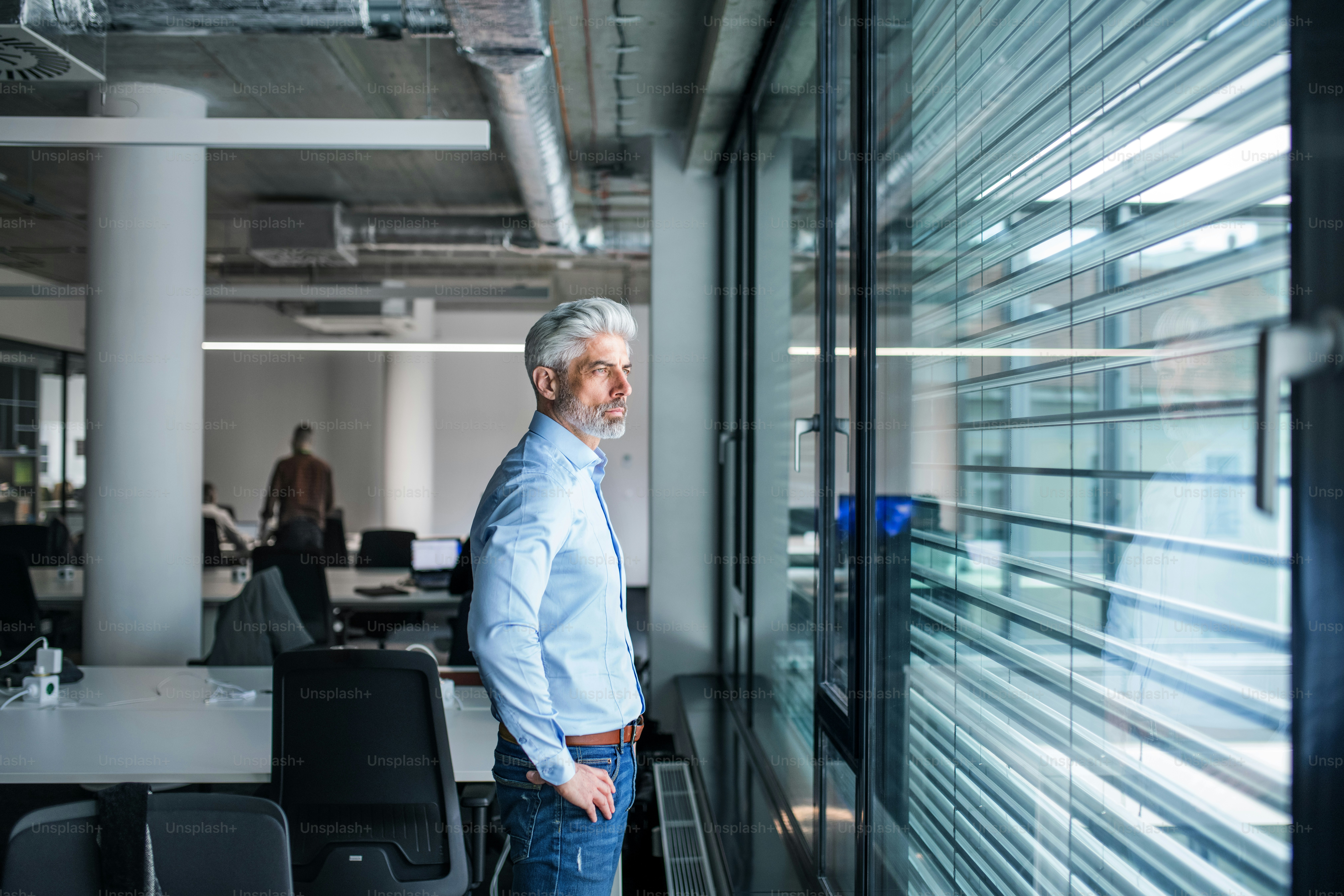 A portrait of mature businessman standing in an office, looking out of ...