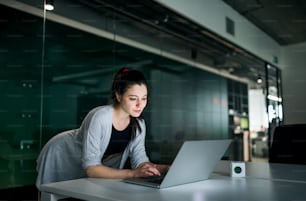 Side view of young businesswoman with computer standing at the desk in an office, working.