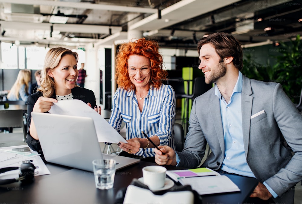 A group of young cheerful business people with laptop sitting in an office, talking.