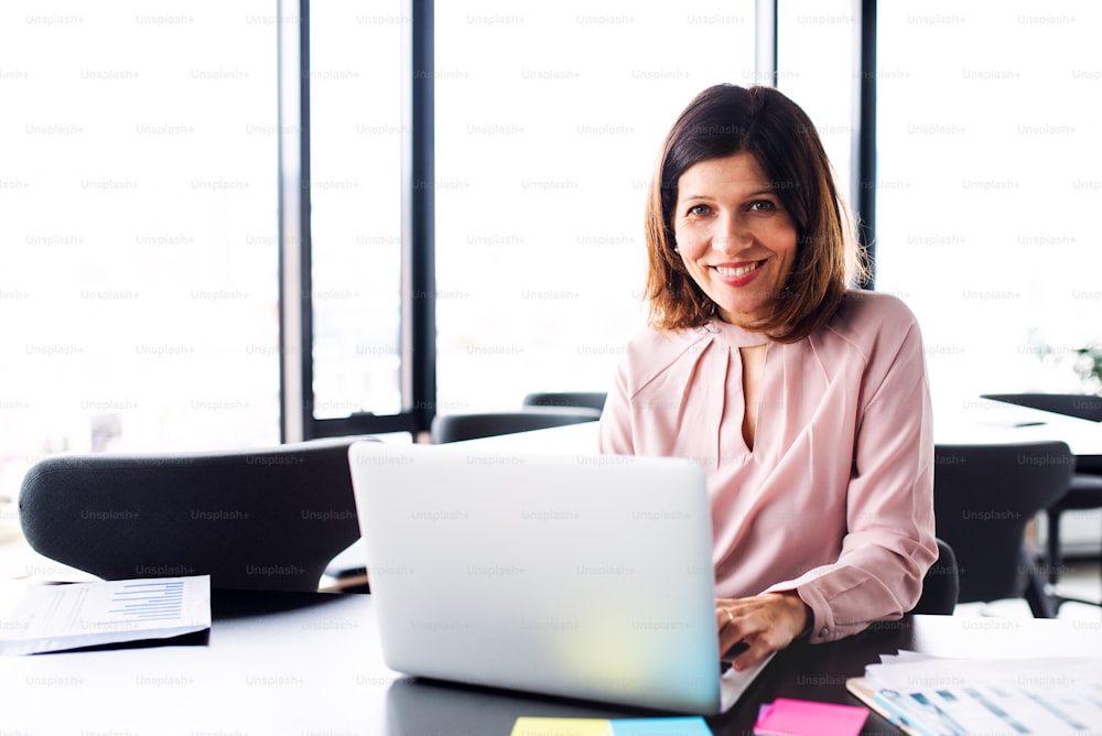 A portrait of cheerful businesswoman with computer in an office, looking at camera.