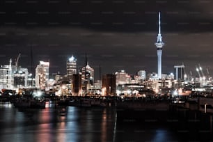 a night view of a city with a very tall tower