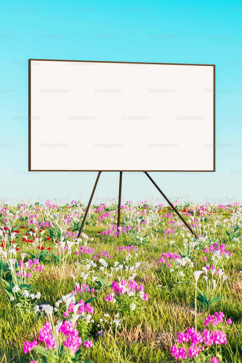 a large white sign in a field of flowers